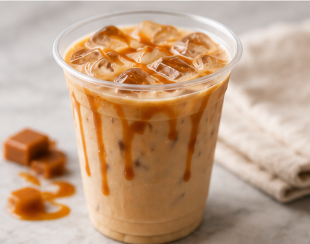 Iced caramel latte served over ice