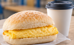 Omelette breakfast roll with regular hot drink