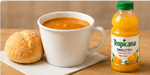 Soup and bread roll with regular drink