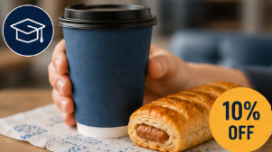 Student discount offer with hot drink and food