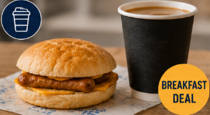 Breakfast meal deal with breakfast roll and hot drink