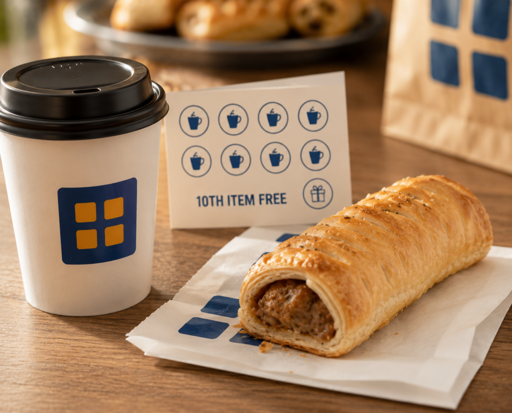 Greggs App reward showing a sausage roll and hot drink for the 10th item free offer