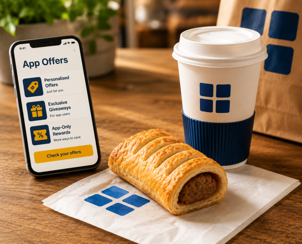 Greggs App exclusive offers and rewards with sausage roll and hot drink