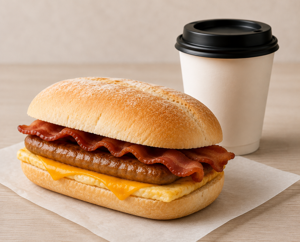 Greggs breakfast baguette deal with sausage, bacon, egg, cheese and a hot drink