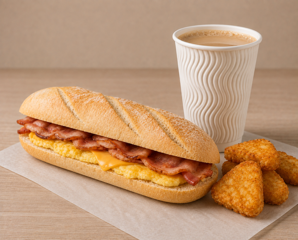 Greggs breakfast baguette meal deal with bacon and egg baguette, hash browns and hot drink