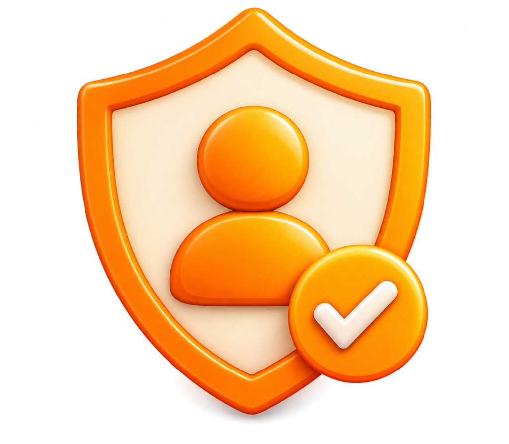 Orange shield with user and check mark representing an independent informational website