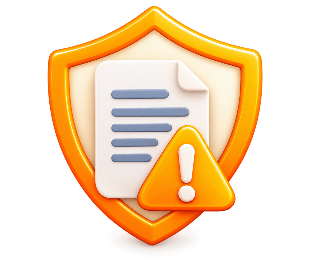 Orange shield with document and warning symbol representing limitation of liability