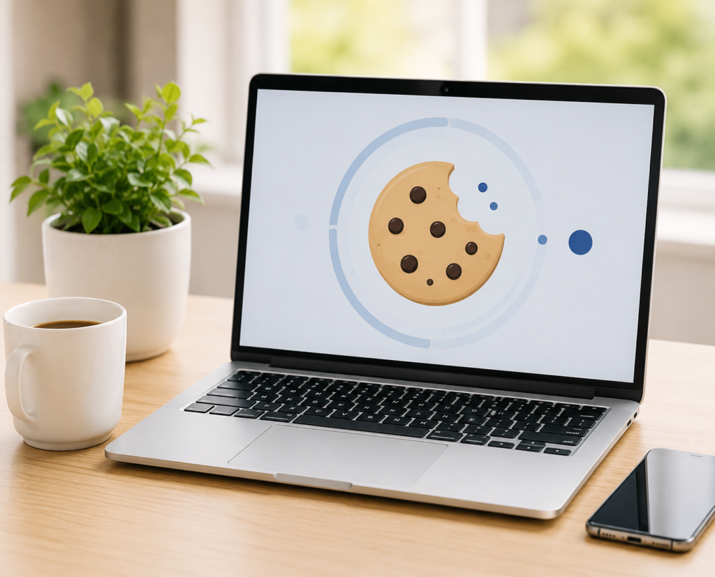 Laptop displaying a cookie symbol representing website cookies and browser preferences